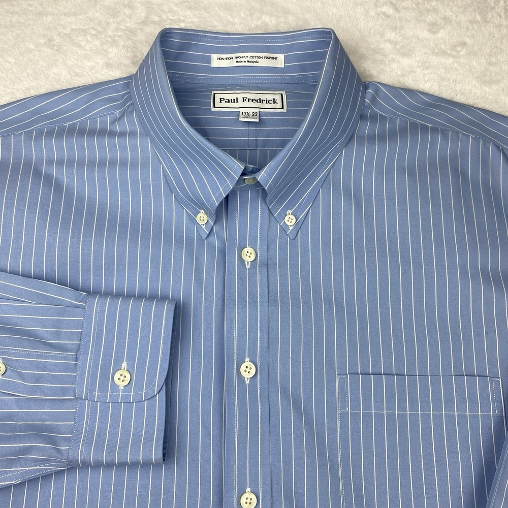 Paul Fredrick Mens Dress Shirt 17.5-33 Blue w/White Stripes Trim Fit No Iron